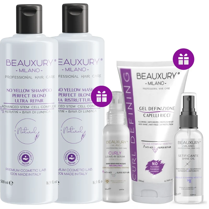 Kit Ricostruzione 500ML No Yellow Ricci: Shampoo + Maschera + Curly Leave In + Gel Definizione + Setificante Shine Oil | ProVitaminComplex Bundle
