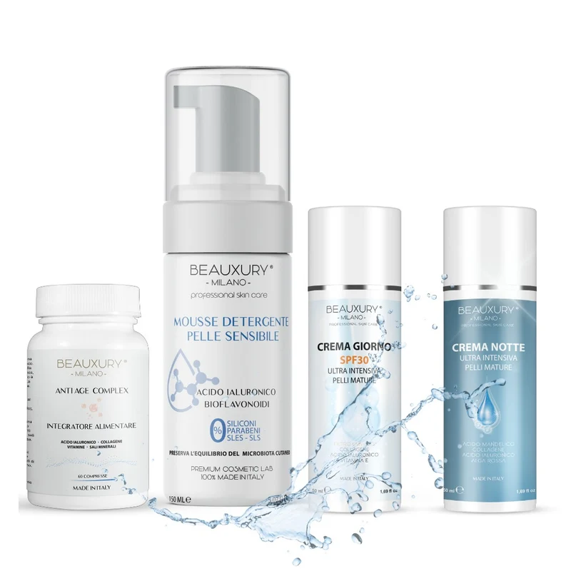 Kit Pelli Mature Crema Giorno, Crema Notte e Mousse Detergente Integragore Collagene AntiAge con Acido Ialuronico Acido Mandelico Alga Rossa