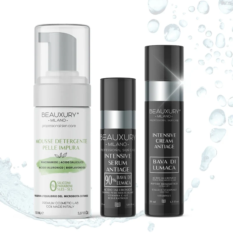 Kit Bava di Lumaca: Mousse, Siero e Crema Kit AntiAge Pelli Giovani, Impure, Riequilibrante, Liftante