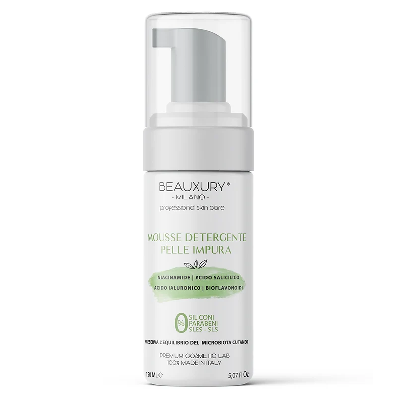 Mousse Detergente Viso Pelle Grassa, Impura 150 ML con Niacinamide, Acido Salicilico, Acido Ialuronico