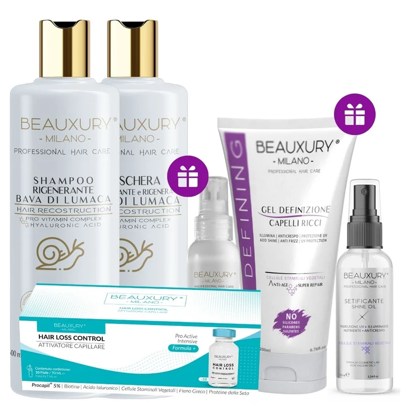 Kit Ricostruzione Ricci 500ML: Shampoo + Maschera + Curly Leave In + Gel Definizione + Setificante Shine Oil + Fiale Anticaduta | ProVitaminComplex Bundle