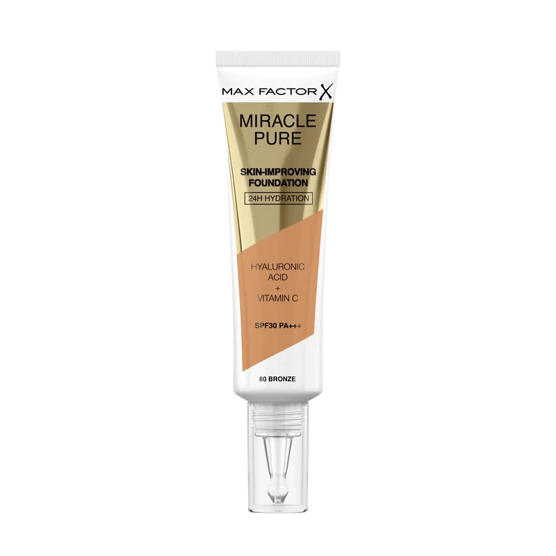 Max Factor Miracle Pure Fondotinta Liquido Idratante, con il 91% di Ingredienti di Origine Naturale, Vitamina C, Acido Ialuronico e SPF 30, 80 Bronze