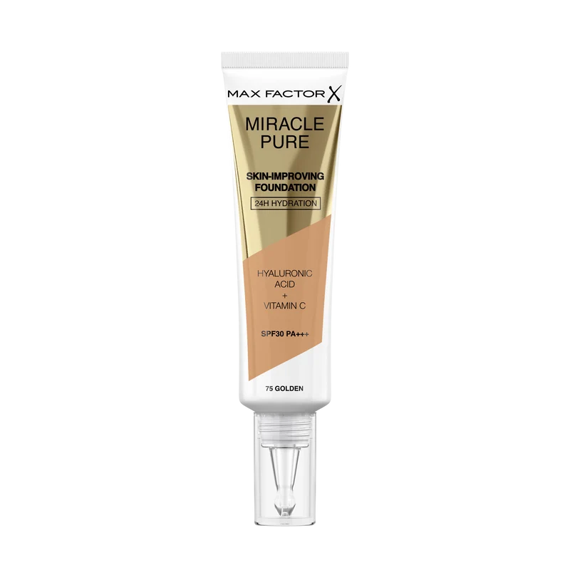 Max Factor Miracle Pure Fondotinta Liquido Idratante, con il 91% di Ingredienti di Origine Naturale, Vitamina C, Acido Ialuronico e SPF 30, 75 Golden