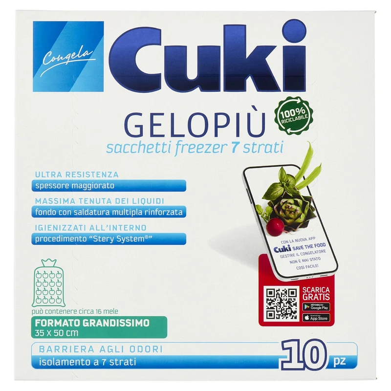 Cuki Congela Gelopiù sacchetti freezer 7 strati Formato Grandissimo 35 x 50 cm 10 pz
