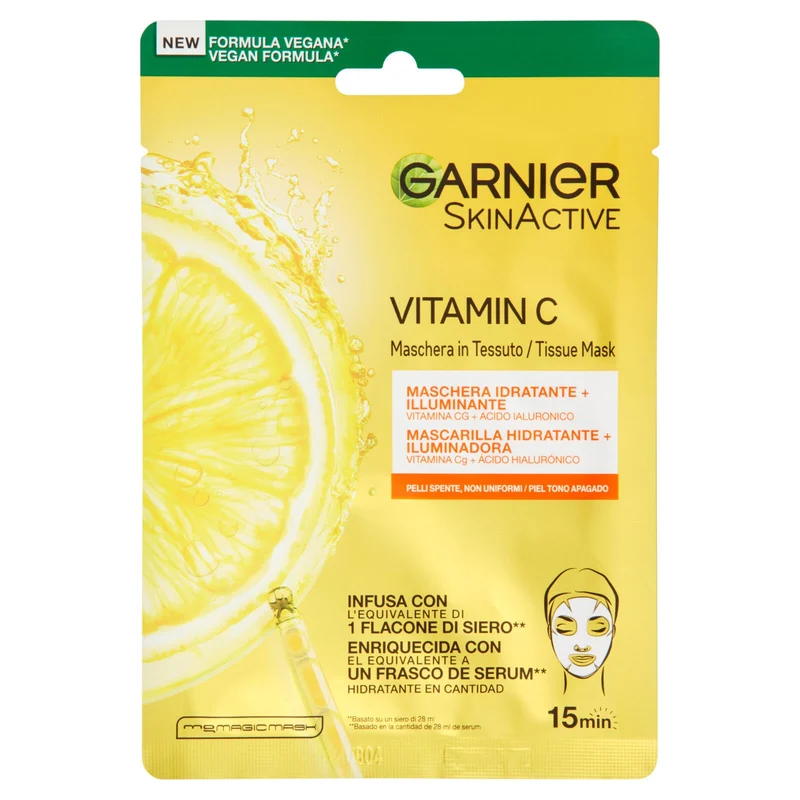 Garnier SkinActive, Maschera in Tessuto Hydra Bomb Vitamina C + Acido Ialuronico, Idratante e Illuminante, 28g