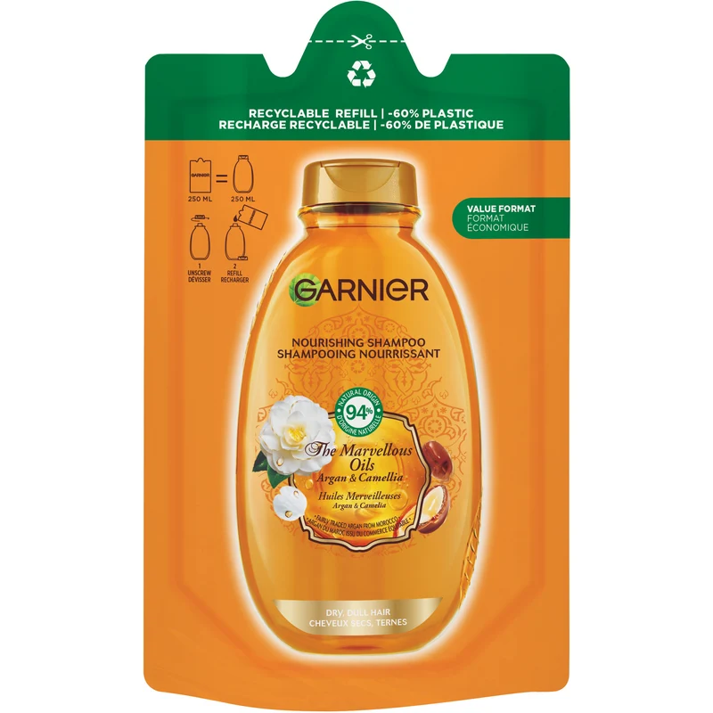 Garnier Ultra Oli Meravigliosi Argan & Camelia, Eco-ricarica Shampoo Nutriente, Capelli Secchi, Spenti, 250ml