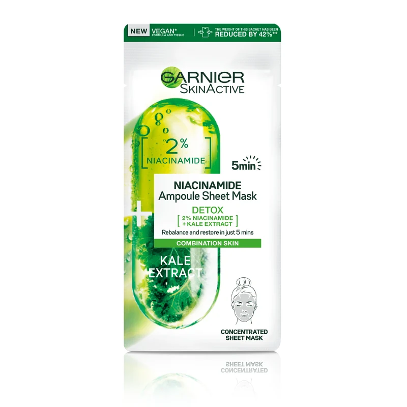 Garnier Maschera in Tessuto Ampolla Detox Purificante, Per Pelli Miste e Grasse, Estratto di Cavolo Nero e Niacinamide
