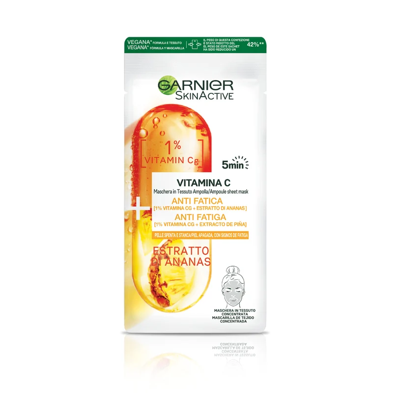 Garnier Maschera in Tessuto Ampolla Anti-Fatica Illuminante, Per Pelli Spente e Stanche, Estratto di Ananas e Vitamina C