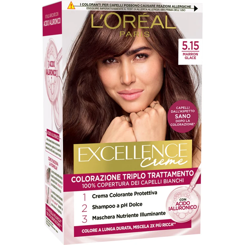 L'Oréal Paris Colorazione Triplo Trattamento Excellence, Con Acido Ialuronico, 100% Copertura Capelli Bianchi, Per Capelli Più Idratati, Biondo Ramato Dorato (7.43)