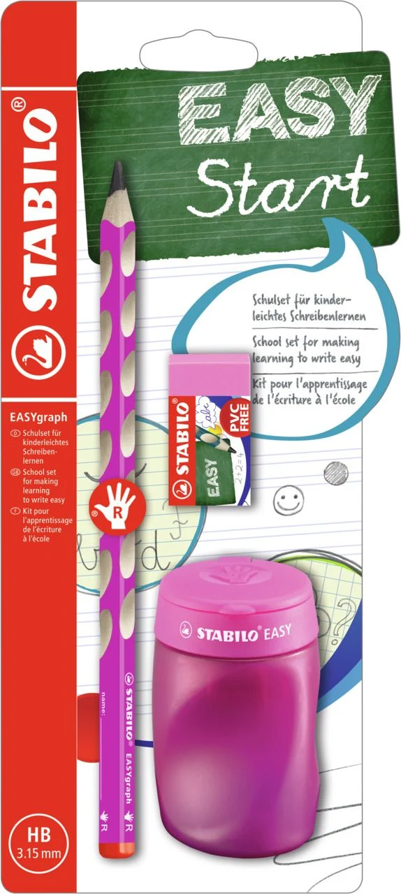 School Set - STABILO EASYgraph in Rosa per Destrimani - con Gomma + Temperino