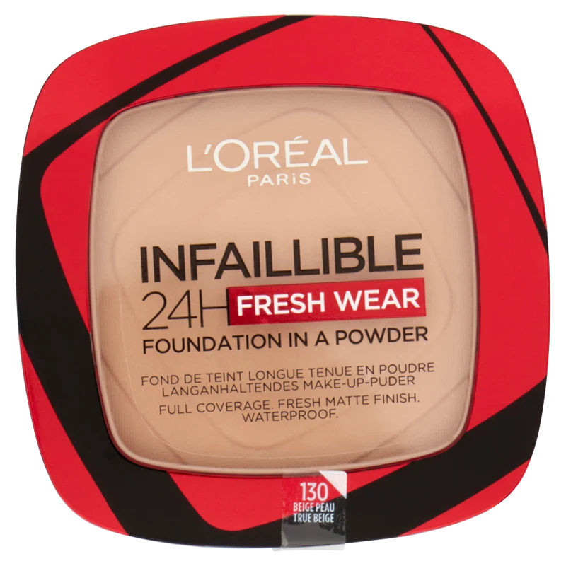 L'Oréal Paris Fondotinta compatto Infaillible 24H Fresh Wear, Formula in Polvere a Lunga Tenuta, Mask-Friendly, Low-Transfer e Waterproof, Copre come un fondotinta e opacizza come una polvere, 130 Beige Peau/True Beige