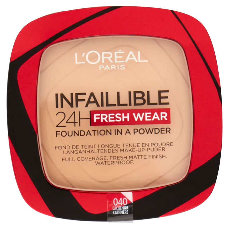 L'Oréal Paris Fondotinta compatto Infaillible 24H Fresh Wear, Formula in Polvere a Lunga Tenuta, Mask-Friendly, Low-Transfer e Waterproof, Copre come un fondotinta e opacizza come una polvere, 40 Cachemire/Cashmere
