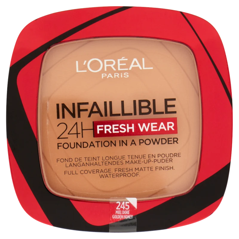 L'Oréal Paris Fondotinta compatto Infaillible 24H Fresh Wear, Formula in Polvere a Lunga Tenuta, Mask-Friendly, Low-Transfer e Waterproof, Copre come un fondotinta e opacizza come una polvere, 245 Miel Dore/Golden Honey