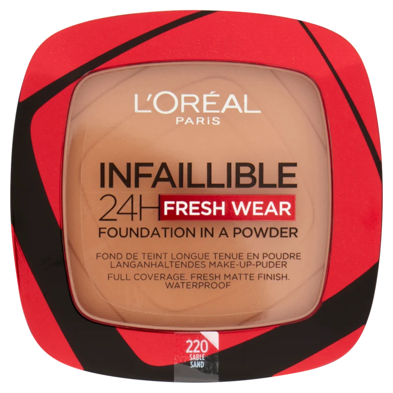 L'Oréal Paris Fondotinta compatto Infaillible 24H Fresh Wear, Formula in Polvere a Lunga Tenuta, Mask-Friendly, Low-Transfer e Waterproof, Copre come un fondotinta e opacizza come una polvere, 220 Sable/Sand