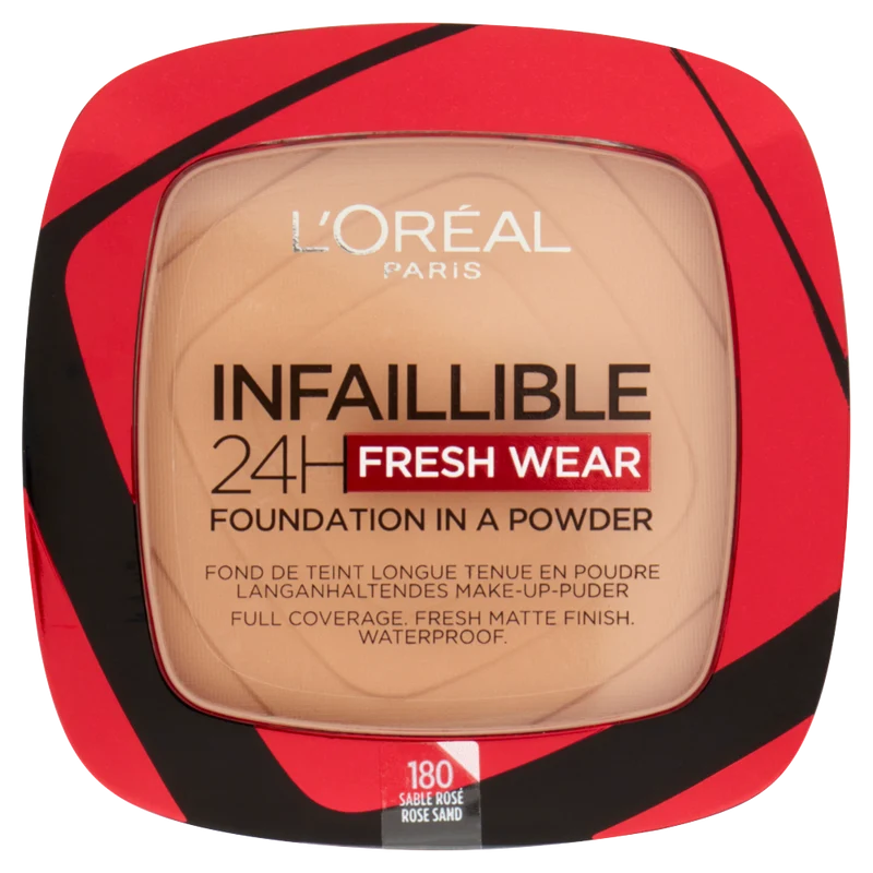 L'Oréal Paris Fondotinta compatto Infaillible 24H Fresh Wear, Formula in Polvere a Lunga Tenuta, Mask-Friendly, Low-Transfer e Waterproof, Copre come un fondotinta e opacizza come una polvere, 180 Sable Rosé/Rose Sand