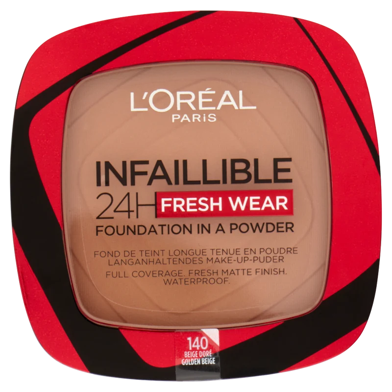 L'Oréal Paris Fondotinta compatto Infaillible 24H Fresh Wear, Formula in Polvere a Lunga Tenuta, Mask-Friendly, Low-Transfer e Waterproof, Copre come un fondotinta e opacizza come una polvere, 140 Beige Doré/Golden Beige